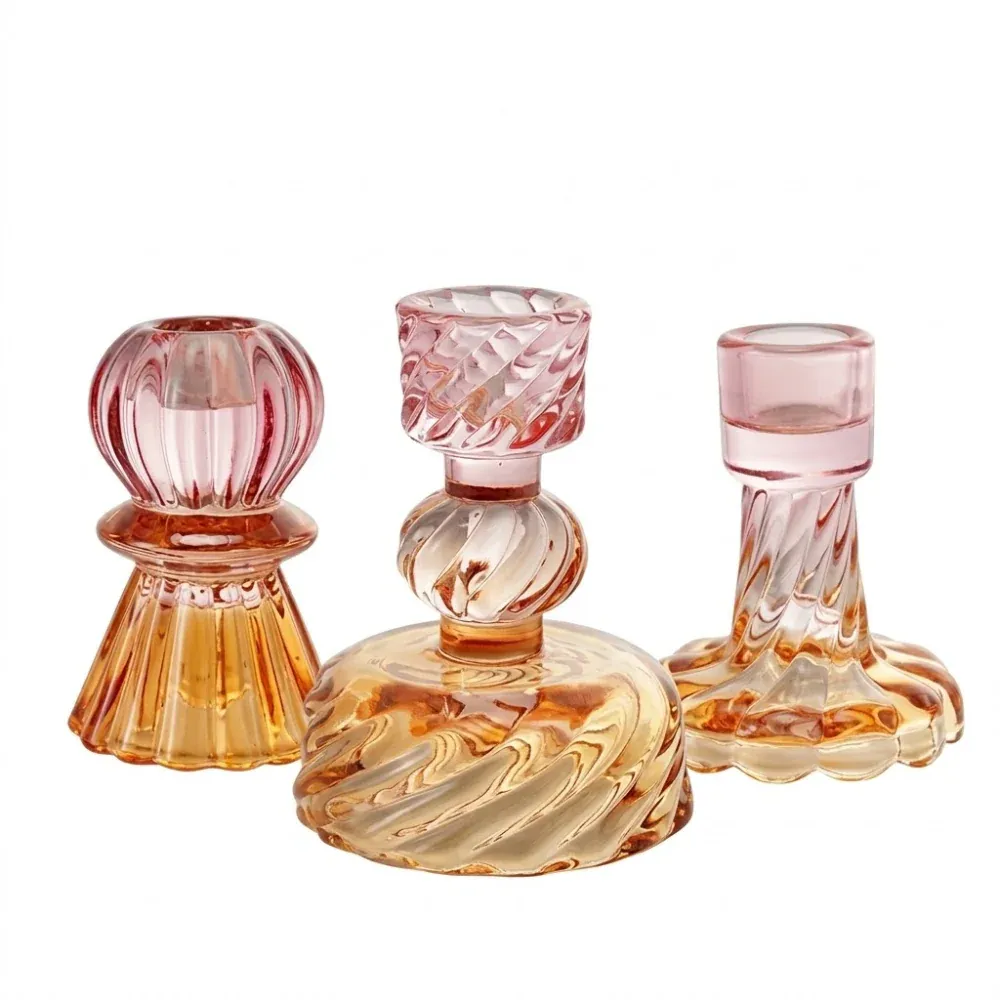 Glass Taper Holder With Twisted Pink/Orange Base 3.5"