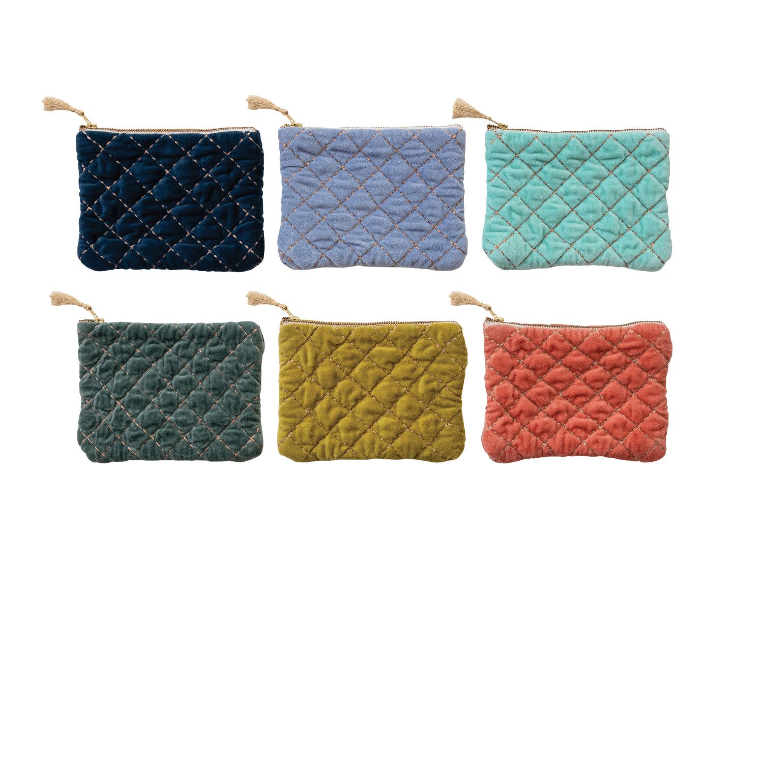 Quilted Cotton Velvet Zip Pouch With Tassel In Navy