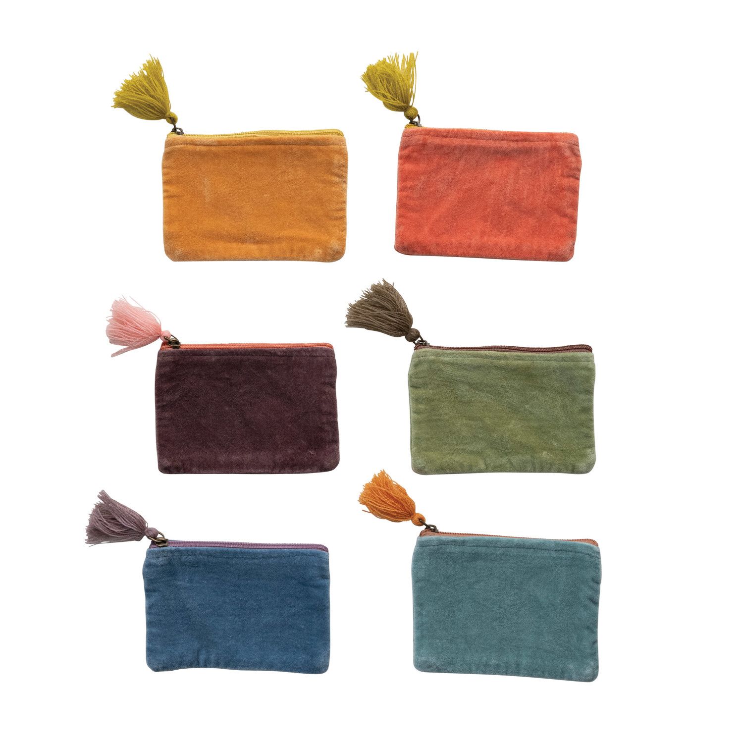 Cotton Velvet Zip Pouch With Tassel In Green &amp; Brown