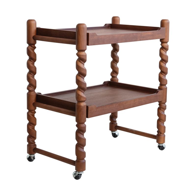 Brushed Rubberwood 2-Tier Bar Cart With Turned Legs On Casters