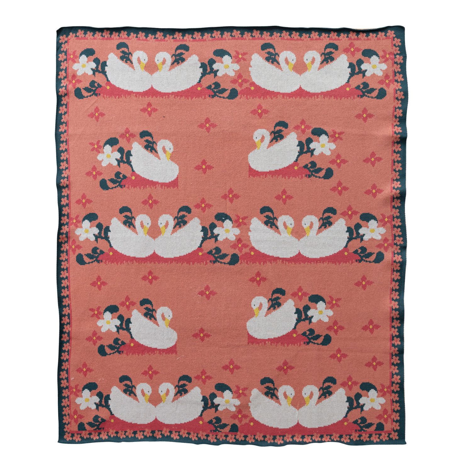 Cotton Knit Baby Blanket With Swans &amp; Floral Stitched Edge