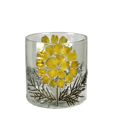 Glass Enamel Hurricane With Yellow Daisy Small