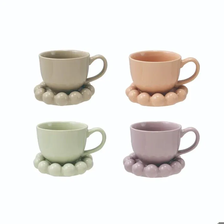 Set Of 2 Stoneware Mug With Bubble Saucer In Khaki