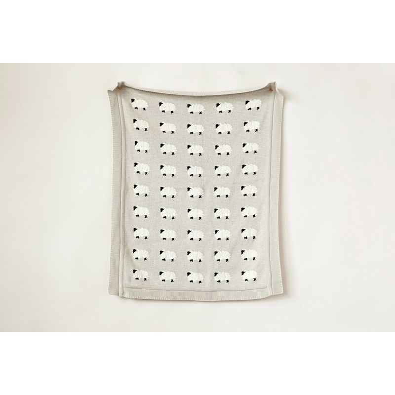 Cotton Knit Baby Blanket With Sheep In Grey 40"L x 32"W