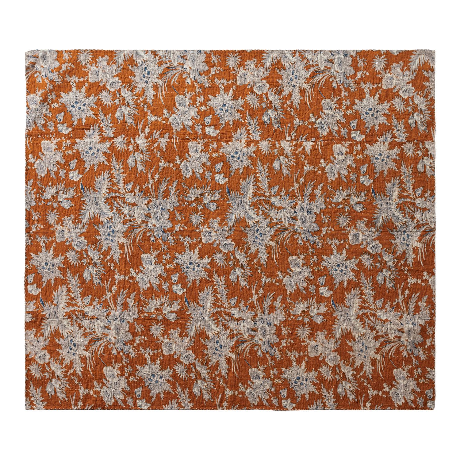 Cotton Voile Printed Throw Blanket With Florals &amp; Hand Embroidered Kantha Stitching