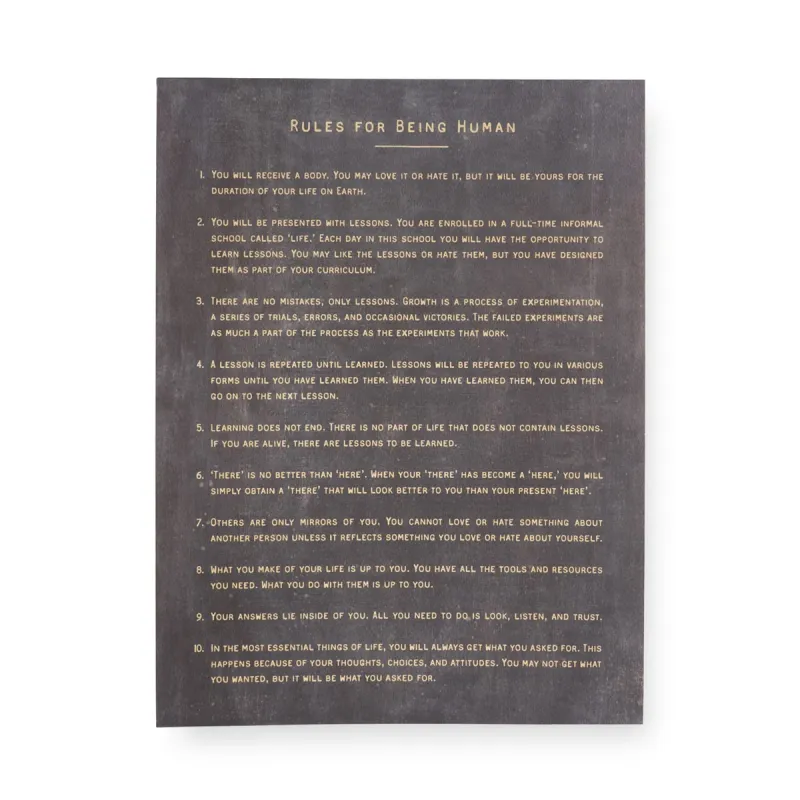 Art Poster Rules For Being Human In Charcoal 12" x 16"