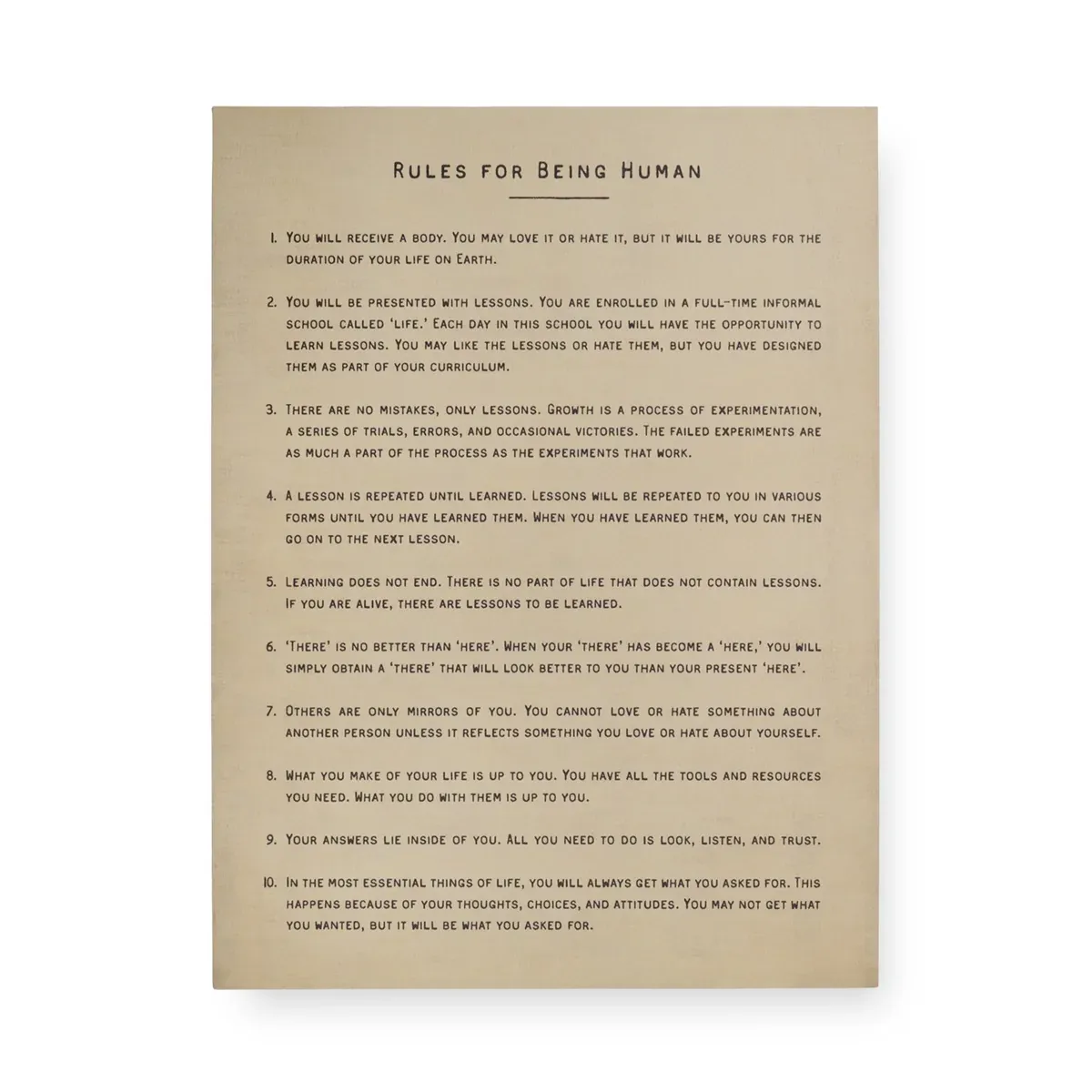 Art Poster Rules For Being Human In Cream 12" x 16"