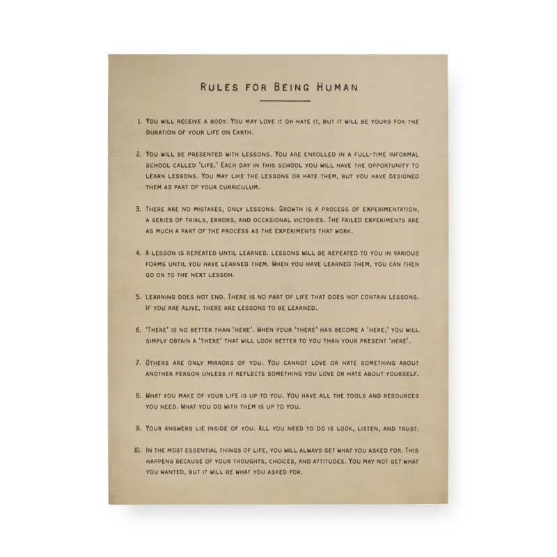 Art Poster Rules For Being Human In Cream 12" x 16"