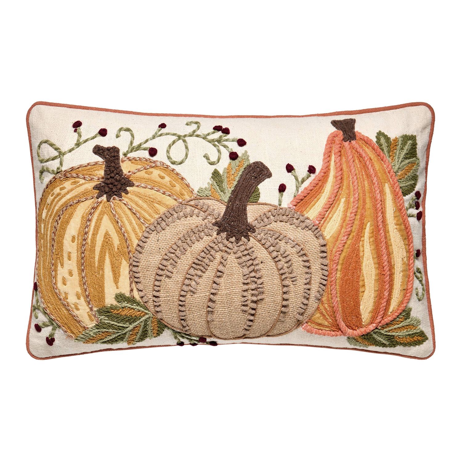 Harvest Pumpkin Trio Embroidered Pillow 12" X 18"