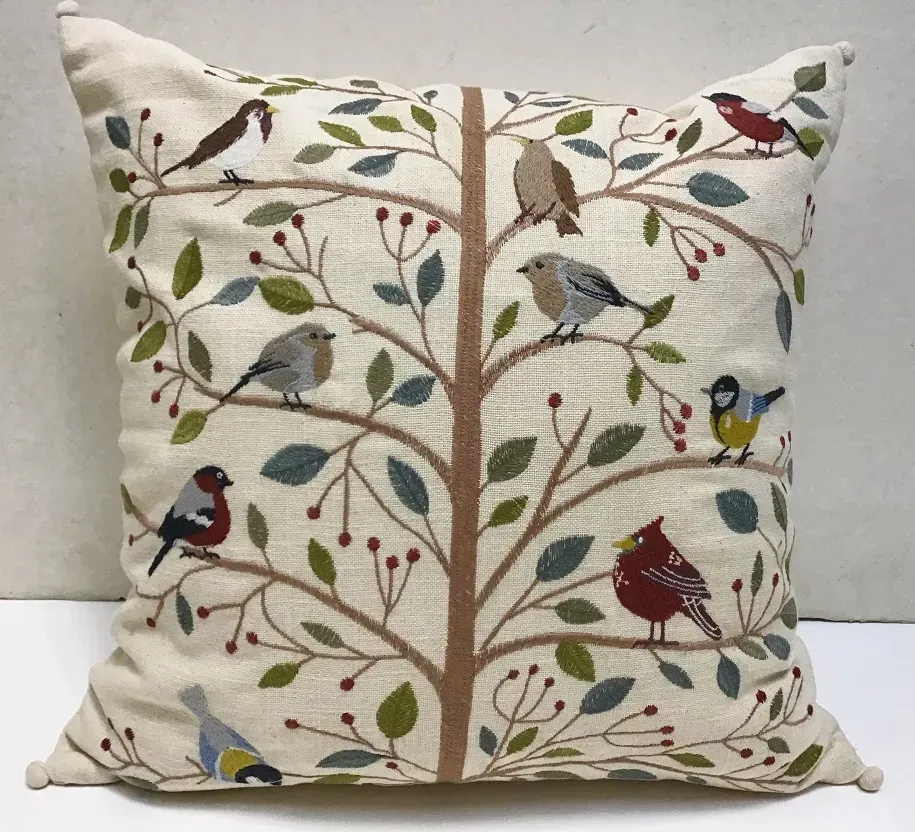 Handmade Embroidered Pillow Winter Birds 16"