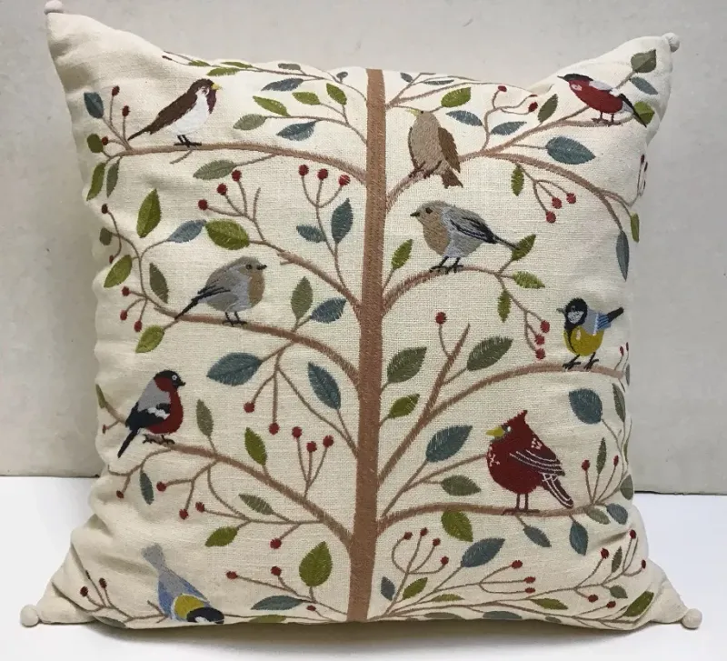 Handmade Embroidered Pillow Winter Birds 16"