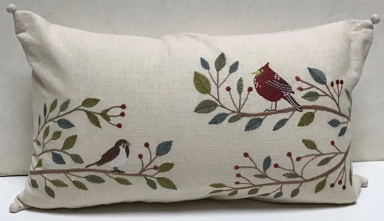 Handmade Embroidered Pillow Winter Birds 12"x20"
