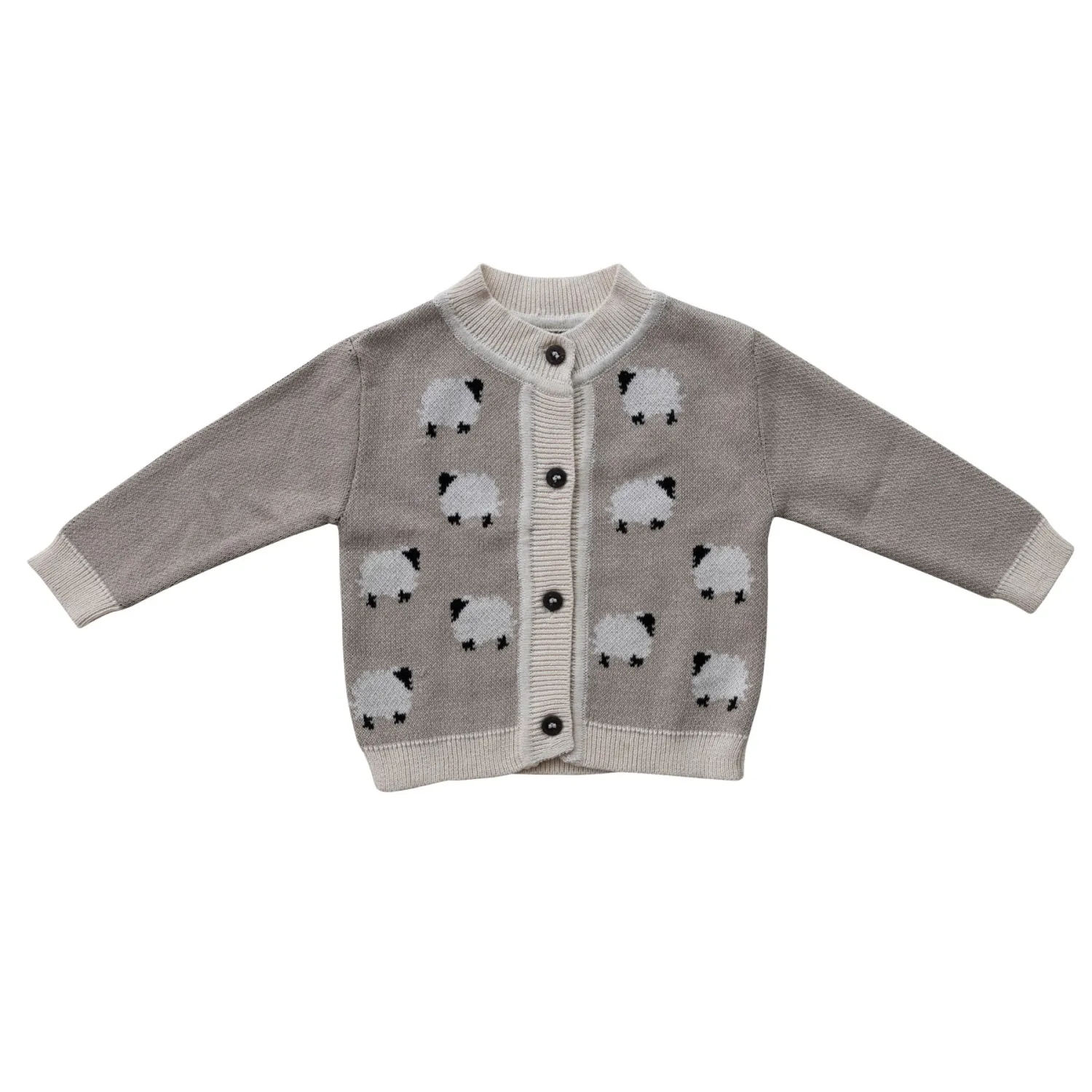 0-3 Months Cotton Knit Baby Cardigan Sweater With Wood Buttons &amp; Sheep
