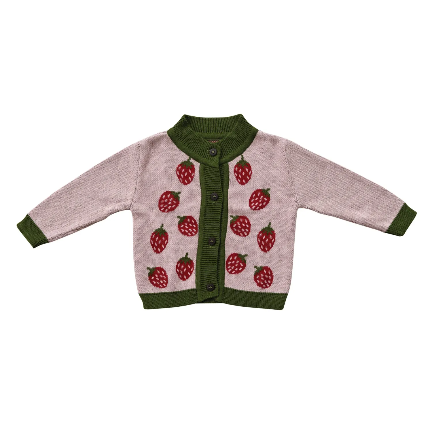 0-3 Months Cotton Knit Baby Cardigan Sweater With Wood Buttons &amp; Strawberries