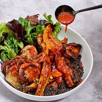 Pan fried sweet potato &amp; butternut with spiced pumpkin seeds, steamed quinoa salad with korean dressing