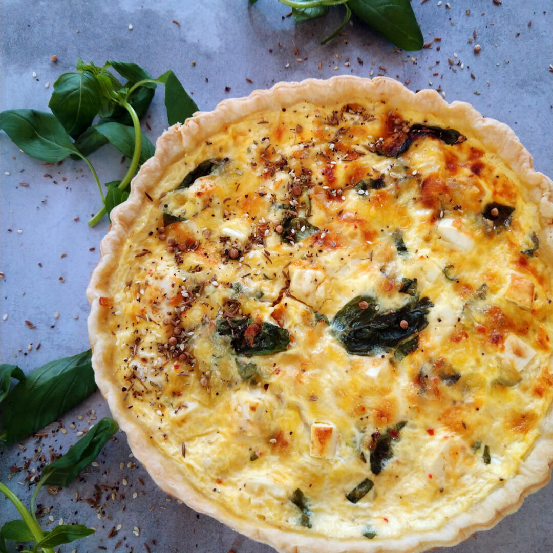 Three cheese dukkah butternut & fresh basil quiche - 6-8 slices (23cm round) Three cheese dukkah butternut & fresh basil quiche - 6-8 slices (23cm round)