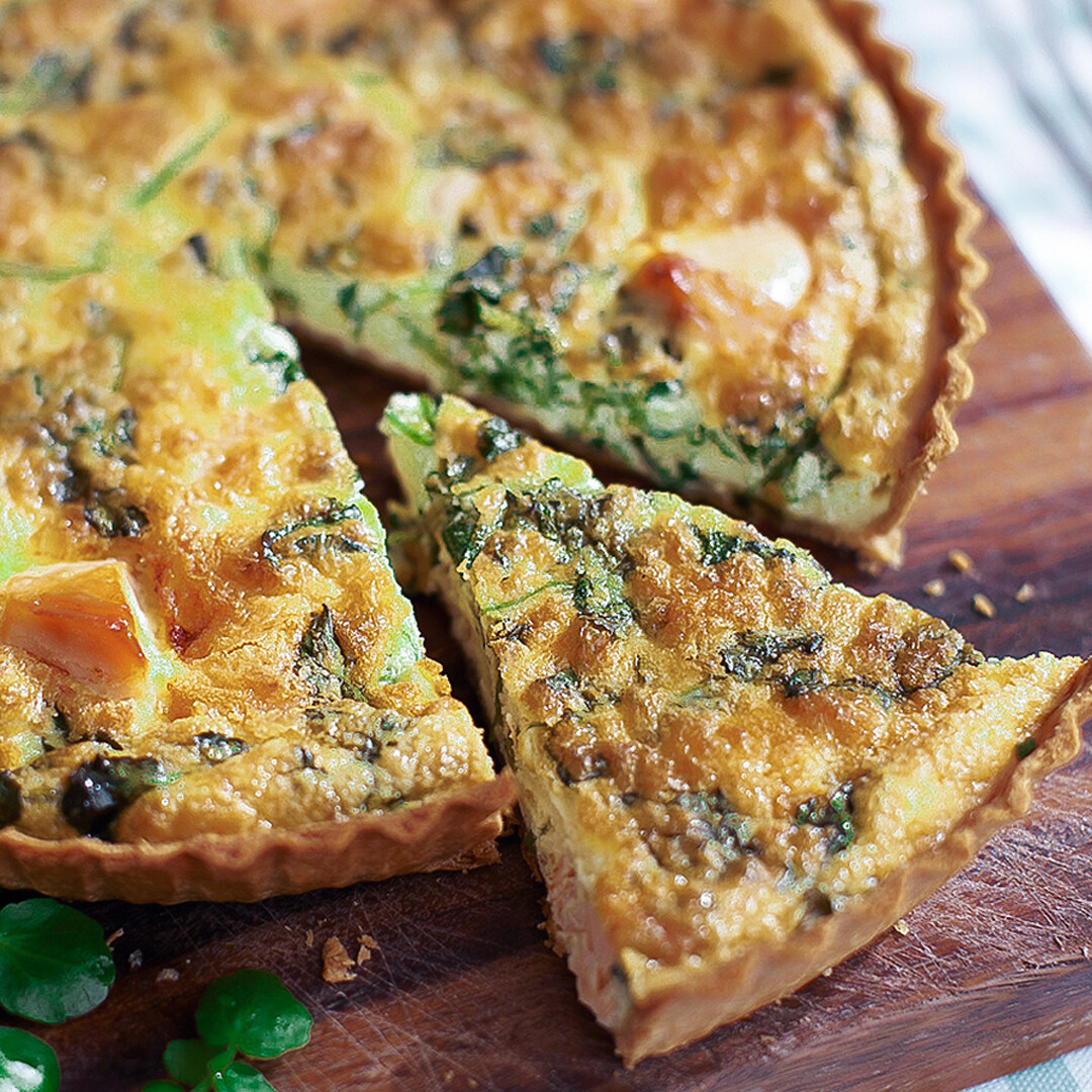 Local salmon trout & spinach quiche - 6-8 slices [23cm round) Local salmon trout & spinach quiche - 6-8 slices [23cm round)