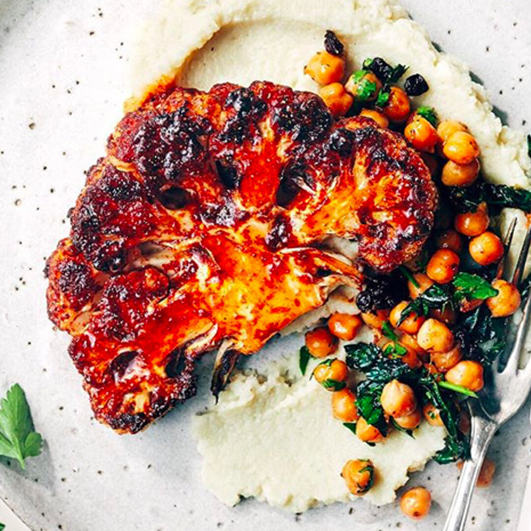 Harissa cauliflower steaks with cauliflower fondant, chickpea pops