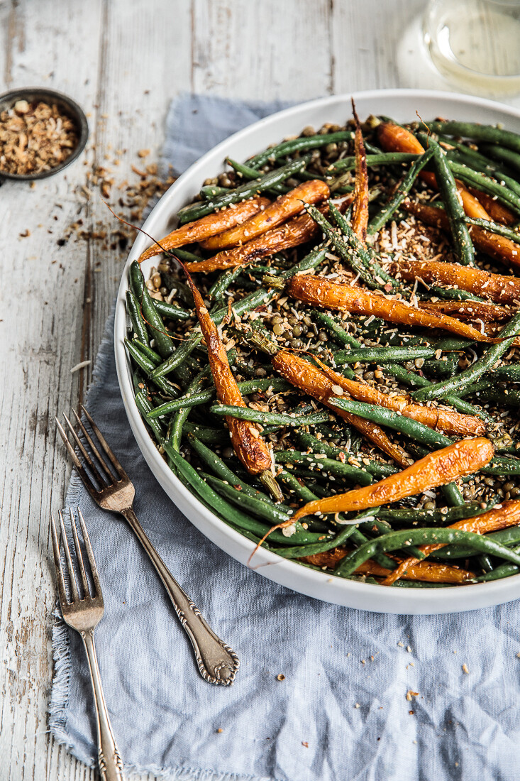 Glazed green beans and baby carrots with dukkah rub