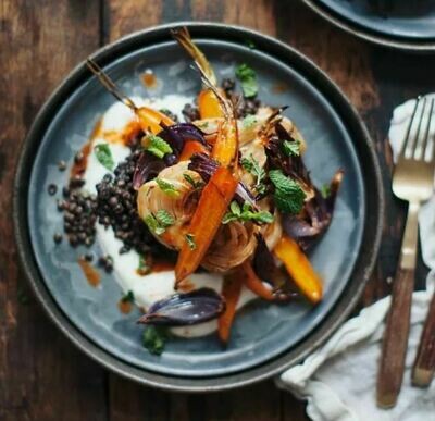 Glazed carrots with capers, steamed lentils, baby greens and herbs, caramelised onions and confit of tomatoes. Served with roasted beetroot pesto and chili yoghurt. Glazed carrots with capers, steamed lentils, baby greens and herbs, caramelised onions and confit of tomatoes. Served with roasted beetroot pesto and chili yoghurt.