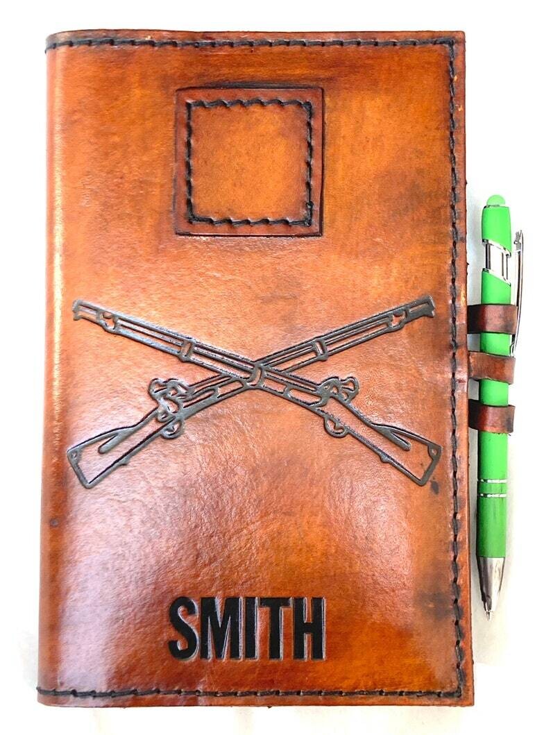 Infantry Cross Rifles, Leather Book Cover, Personalized Military Journal, NCO Gift, Refillable Notebook, Leader Book Cover, deployment gift