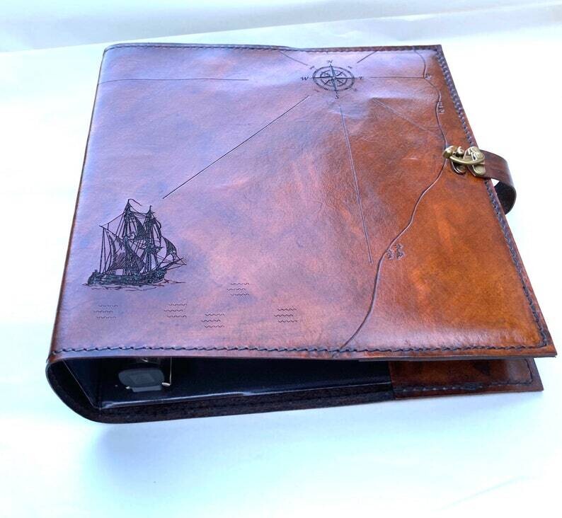 Chief Charge Book, with pirate map design, Coast Guard, CCTI, 3 ring binder, leather binder cover, calendar, organizer, military promotion