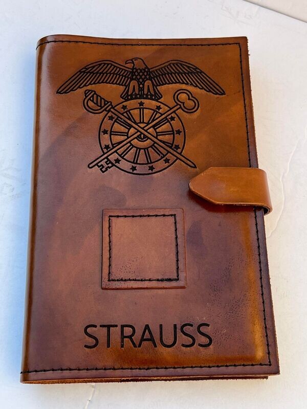 U.S. Army Quartermaster Regimental Crest Leather Green Book Cover, Personalized Military Deployment log book, Retirement Gift, military gift