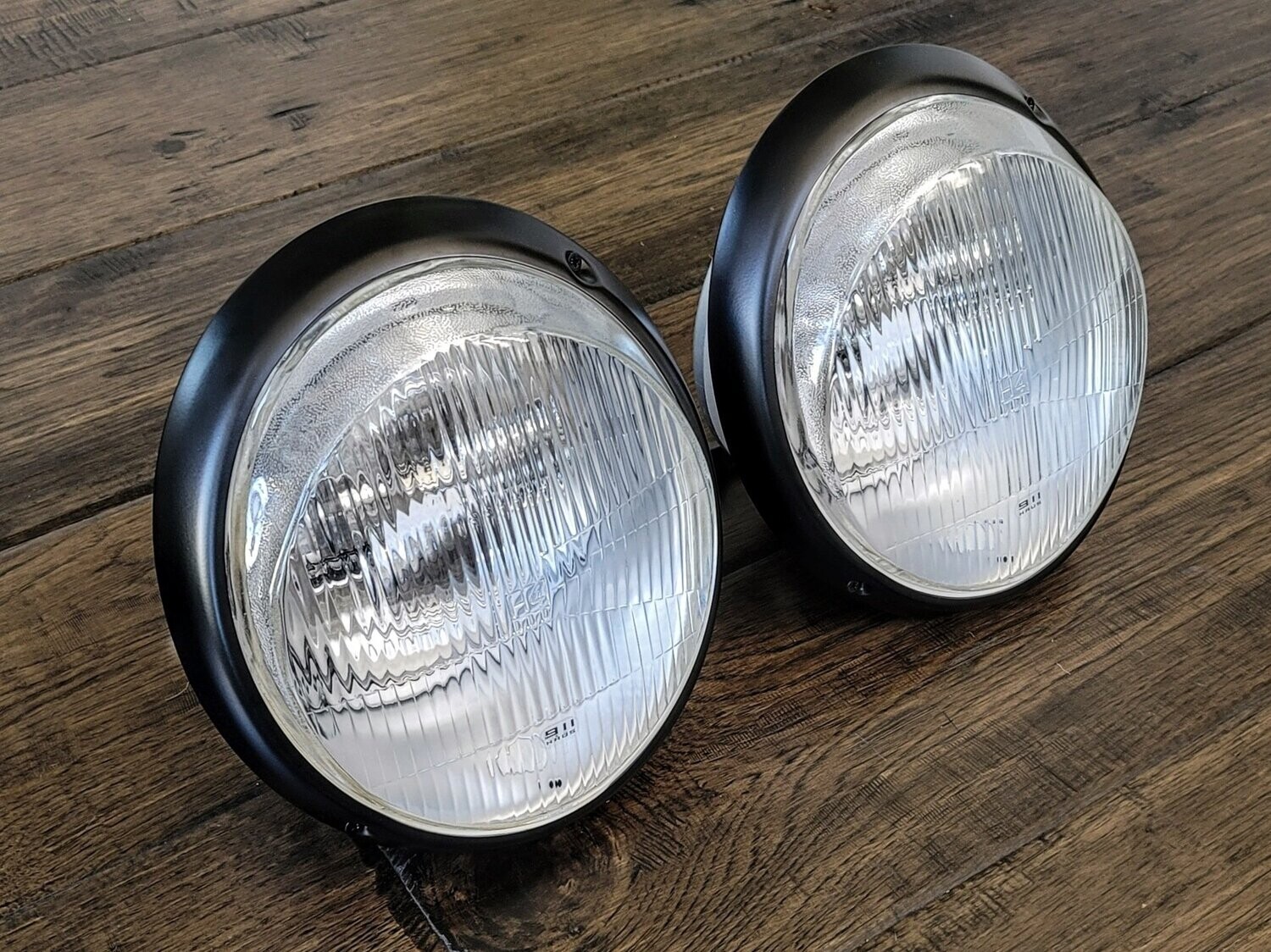 LED Headlight Set Black Trim Ring Fluted Lenses