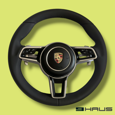 Black Leather Steering Wheel - Silver Frame for Porsche
