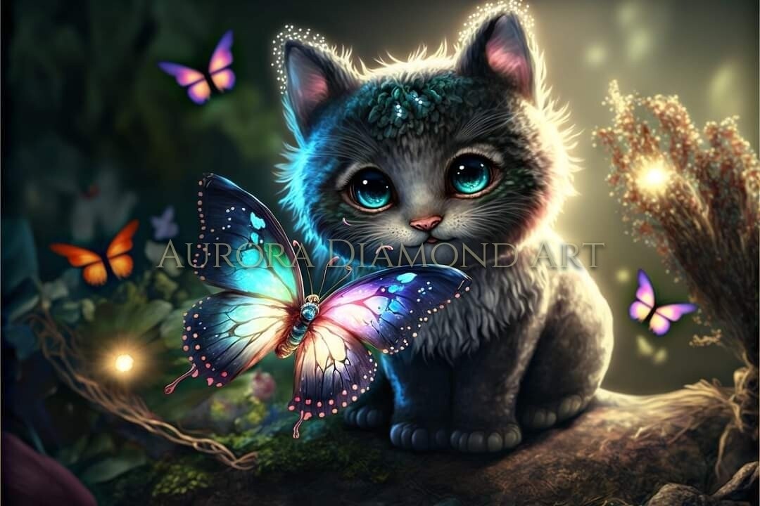 Kitty And Butterflies Diamond Painting