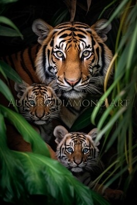 Tiger And Cubs In Trees Diamond Painting