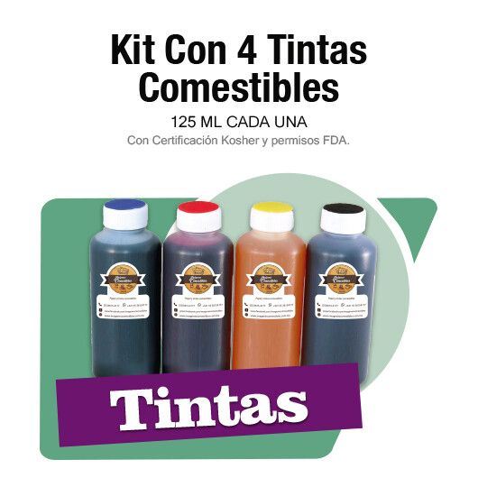 Kit con 4 tintas comestibles 125 ml.