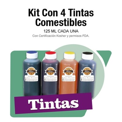 Kit con 4 tintas comestibles 125 ml.