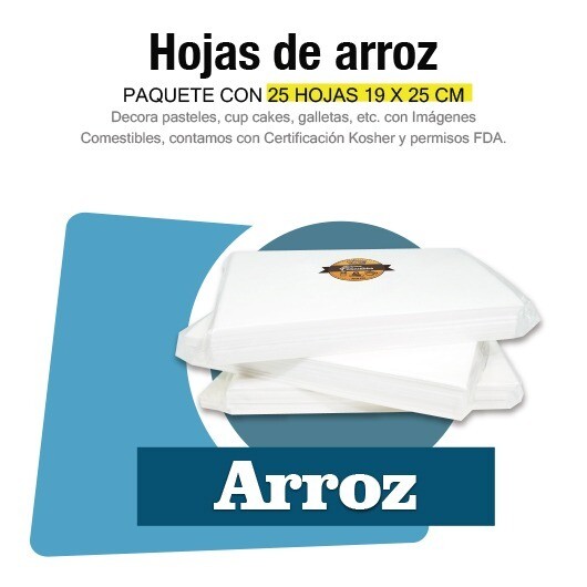 Paquete con 25 hojas de arroz (0.3 mm.) de 19 x 25 cm.