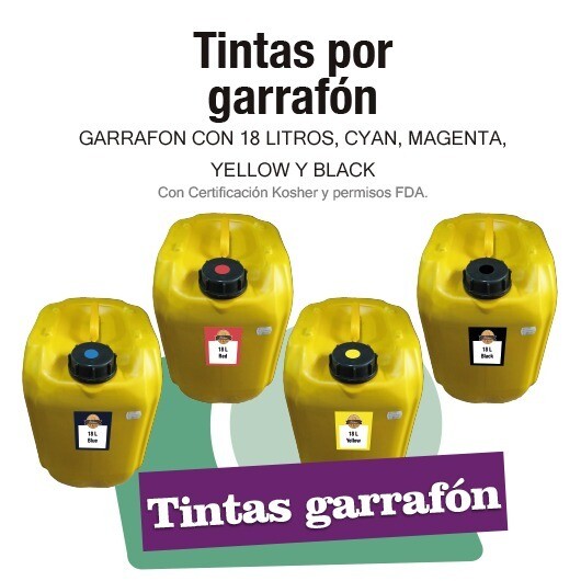 Kit con 4 garrafones de 18 litros c/u de tinta comestible
