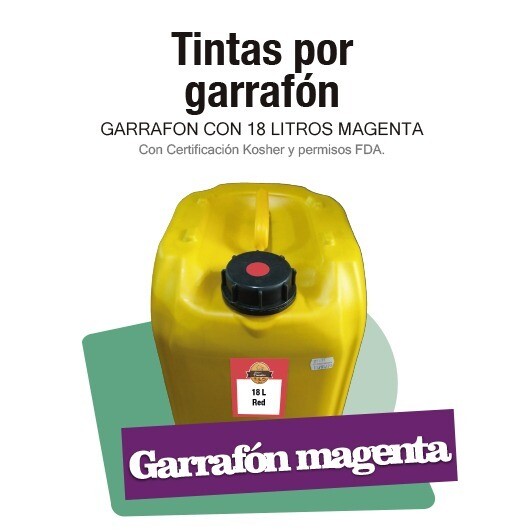 Garrafón con 18 lt de tinta comestible color Magenta