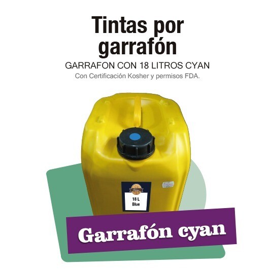 Garrafón con 18 lt de tinta comestible color Cyan