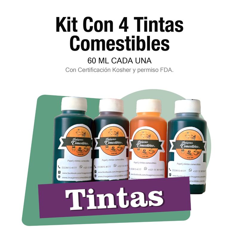 Kit con 4 tintas comestibles 60 ml.