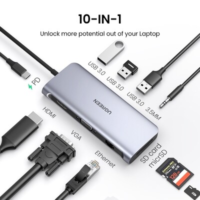 Hub Multipuertos 10 En 1 Usb Tipo C Hdmi Red Sd Tf Vga 3.5m
