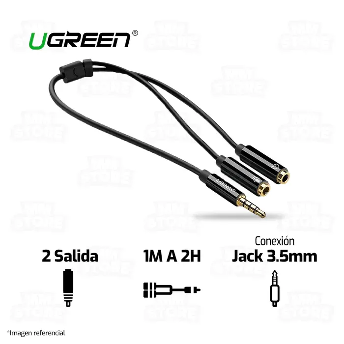 Adaptador De Audio Splitter 1 Jack Macho 3.5Mm A 2 Jack Hembra 3.5Mm Microfono/Audifono 20Cm, Ugreen, 30620