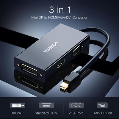 UGREEN - Adaptador 3 En 1 Mini Display Port A Vga / Dvi 24+1 / Hdmi 4K Negro Multipuerto, 20418