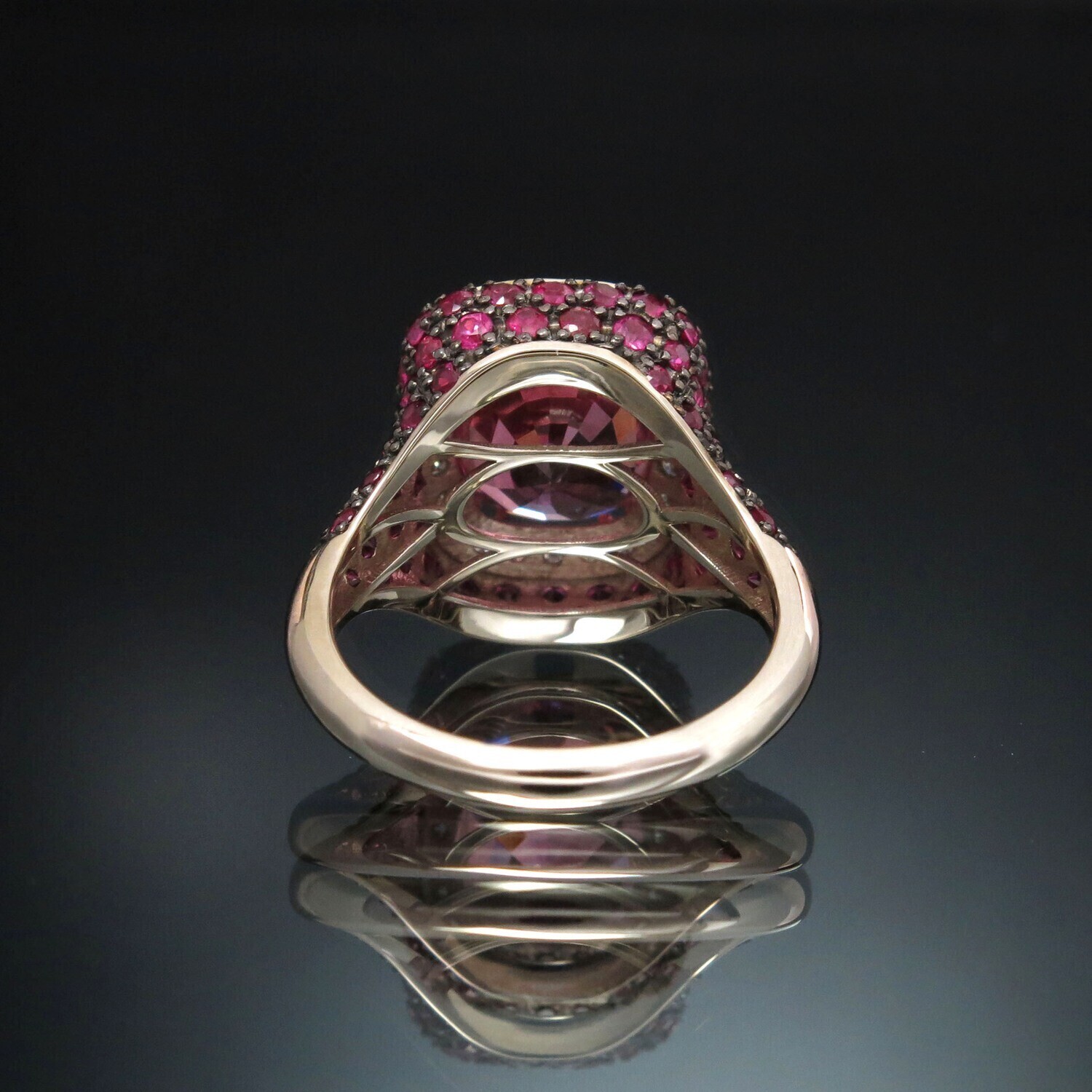 14K Gold Ring with Pink Spinel, Diamonds and Sapphires