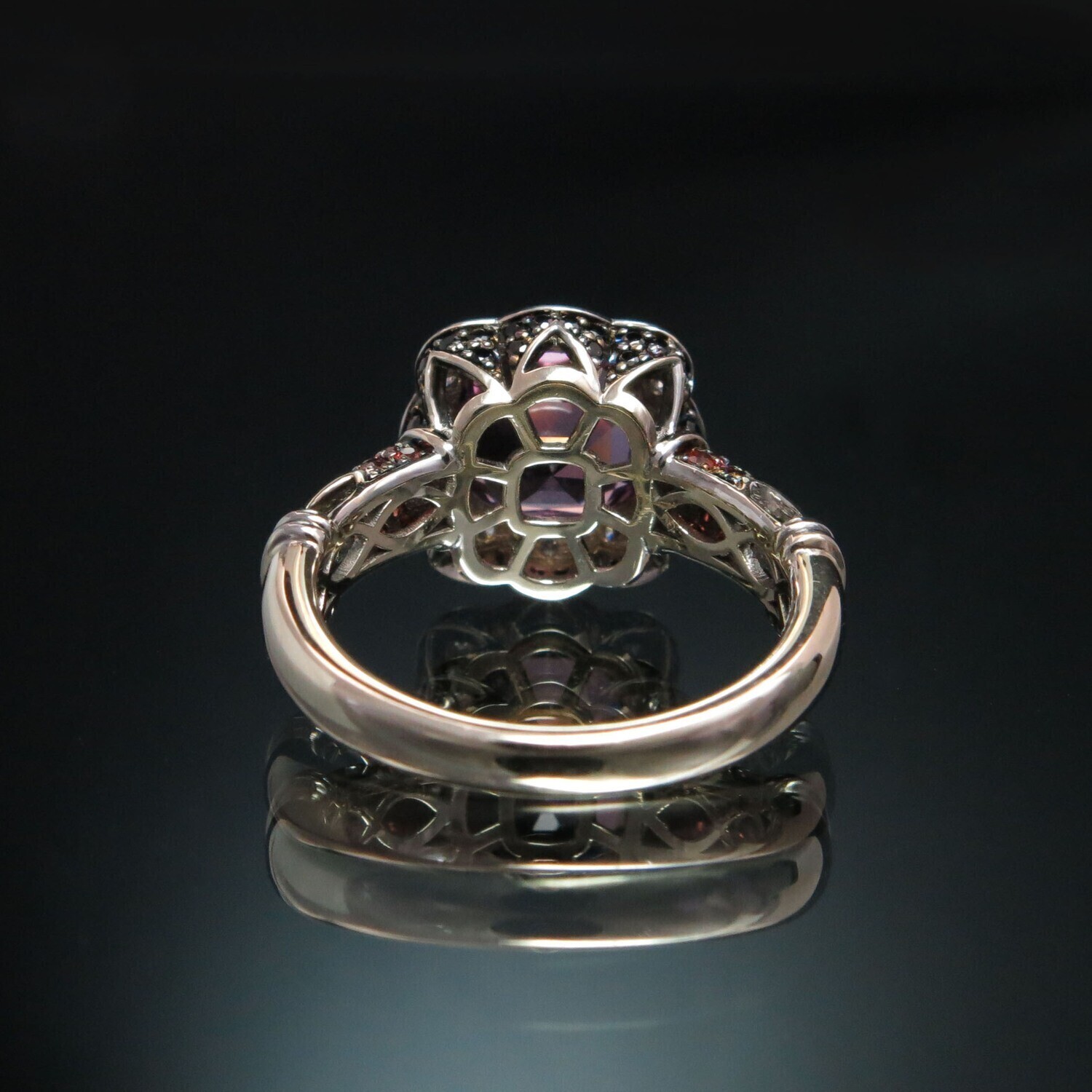 Set 18K Gold Ring with Pink Spinel, White and Black Diamonds