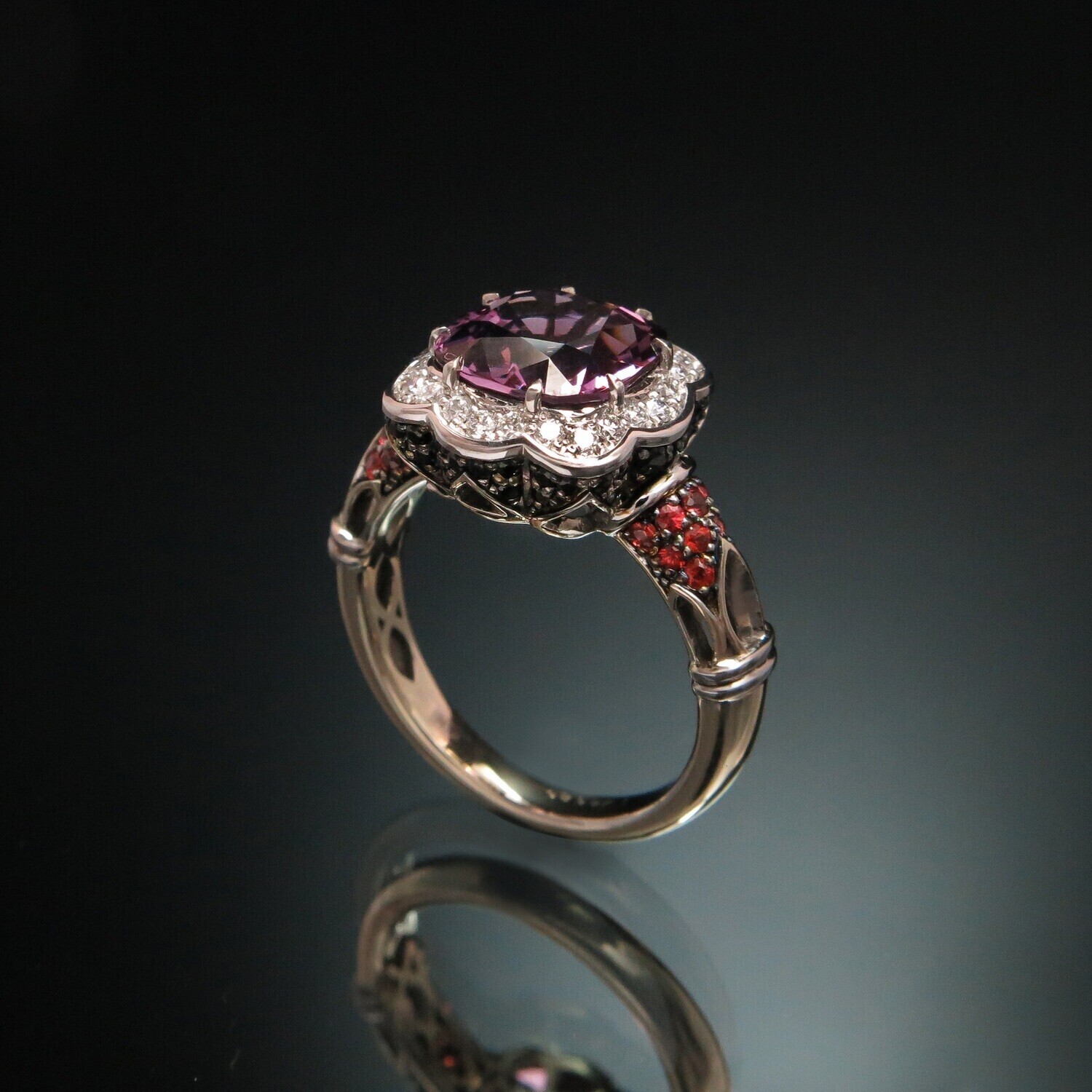 Set 18K Gold Ring with Pink Spinel, White and Black Diamonds