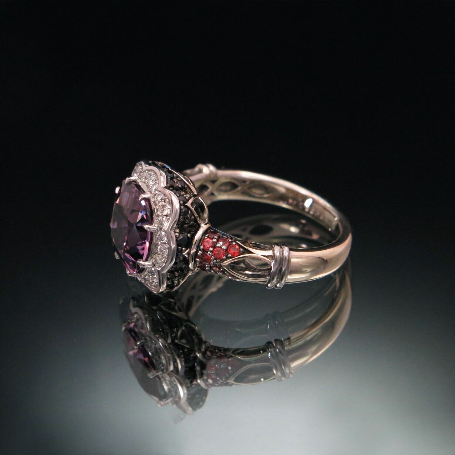 Set 18K Gold Ring with Pink Spinel, White and Black Diamonds