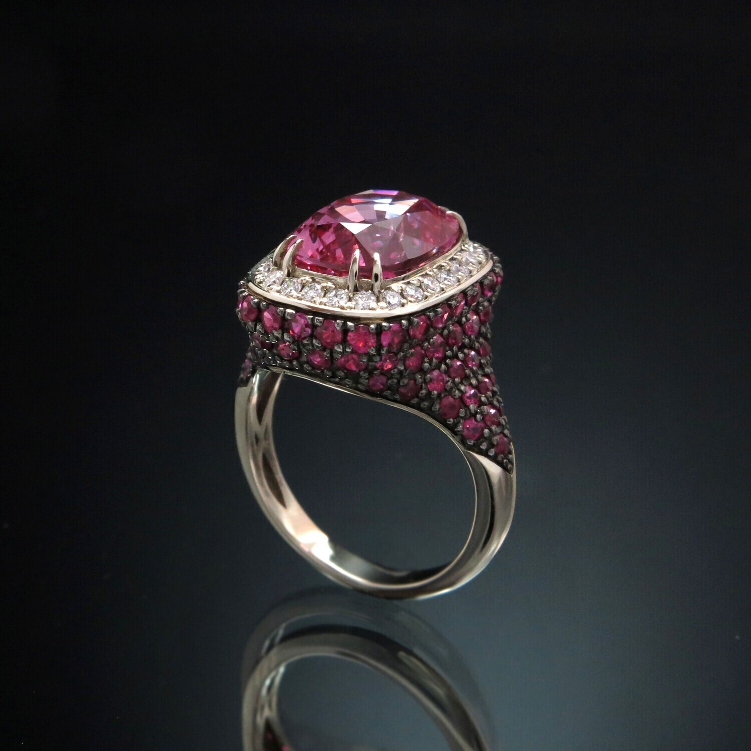14K Gold Ring with Pink Spinel, Diamonds and Sapphires