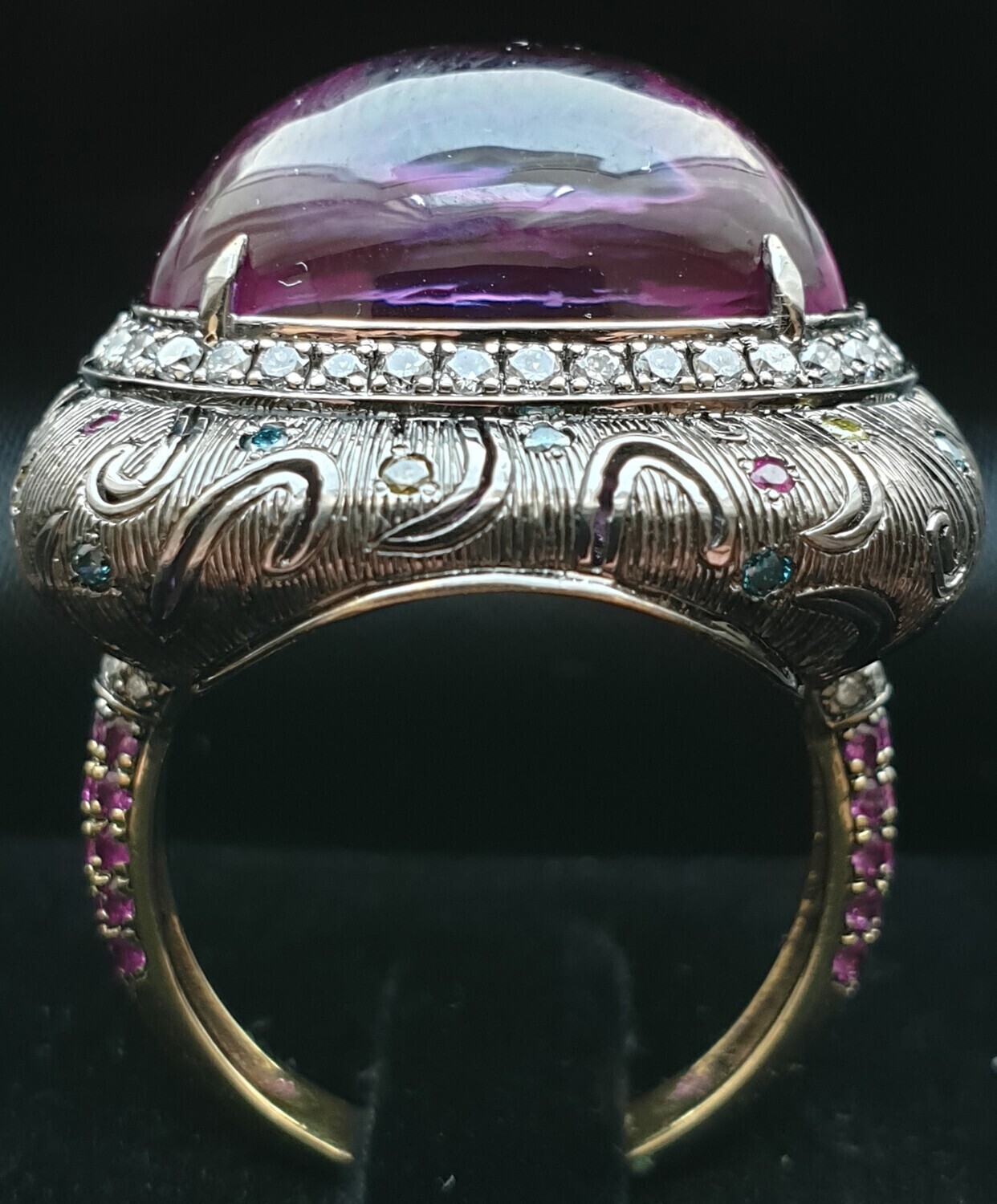 18k Gold Ring with Amethyst, Diamonds and Sapphires, Brocade Collection, B072R