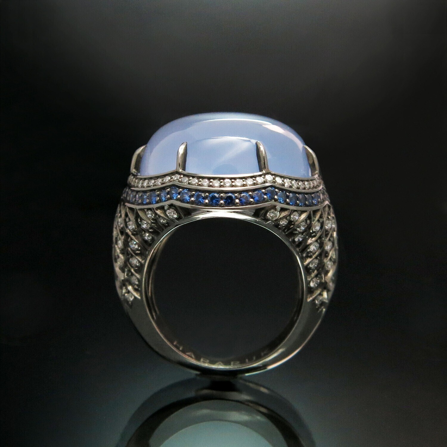 14K Gold Ring with Chalcedony, Sapphires and Diamonds, H01R14