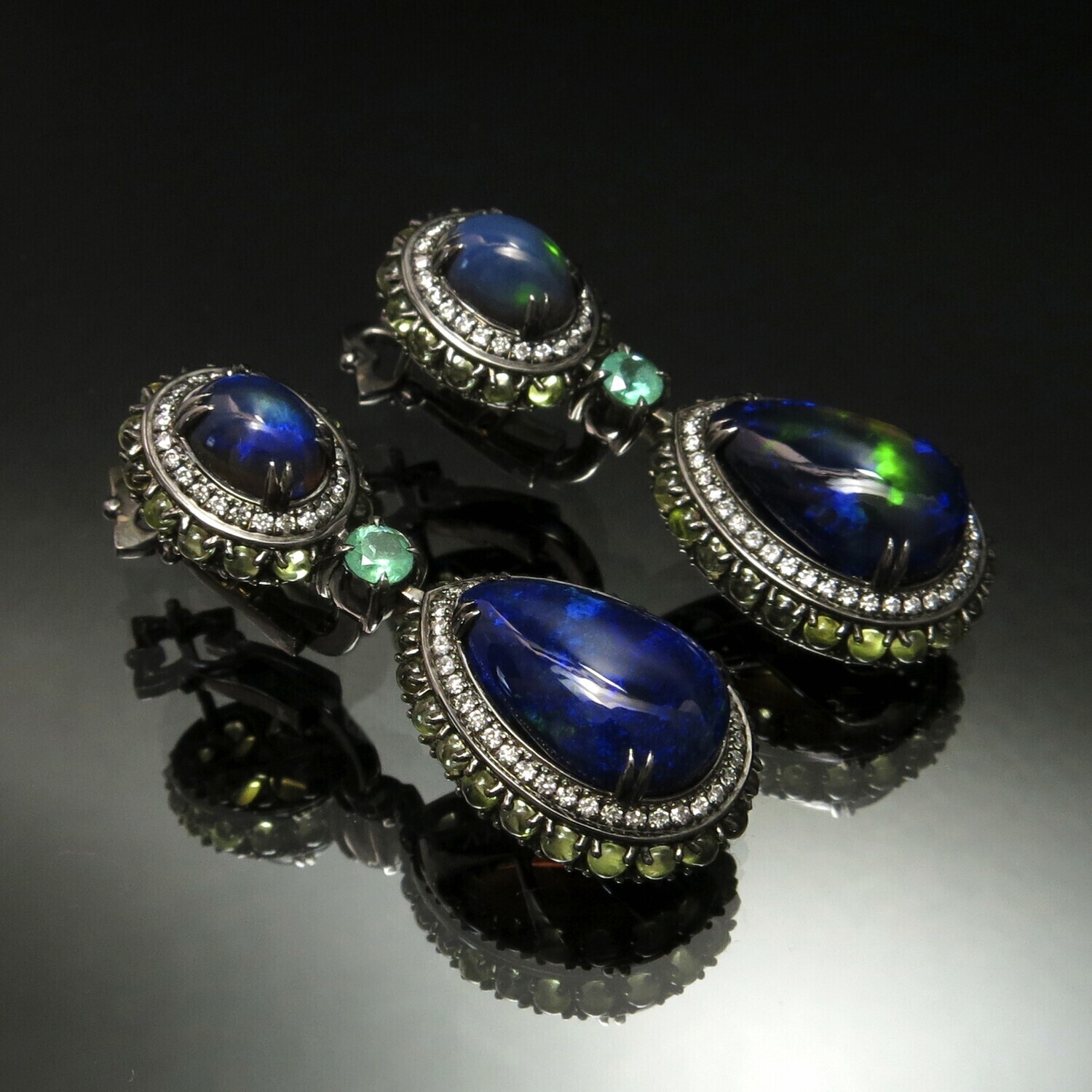 14K Gold Earrings with Opals, Diamonds and Chrysolite, VH007