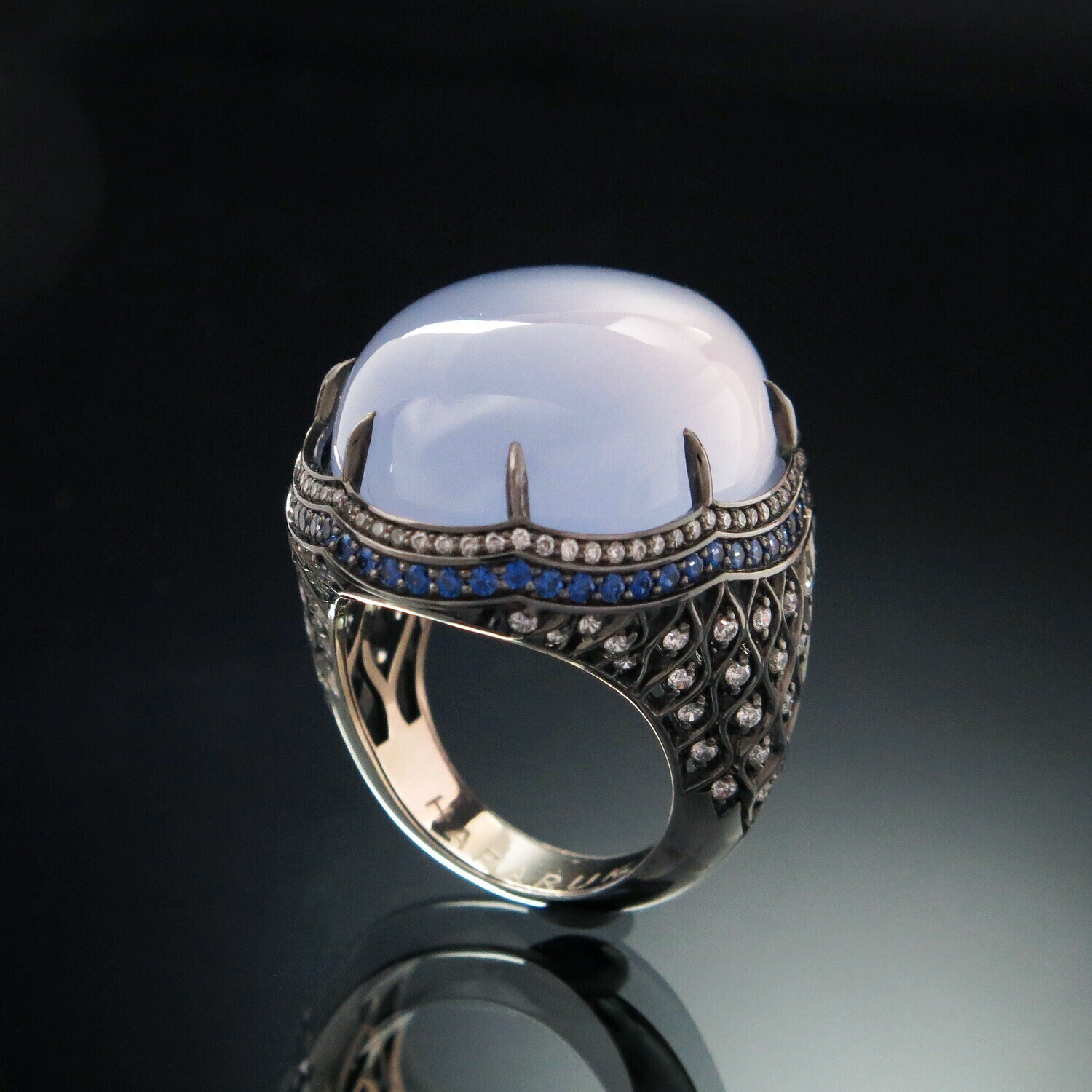14K Gold Ring with Chalcedony, Sapphires and Diamonds, H01R14